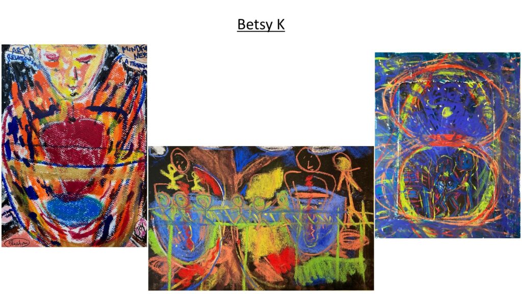 Betsy K artistic voice using colored oil pastels on black paper--revealing an interest in balance and opposites.