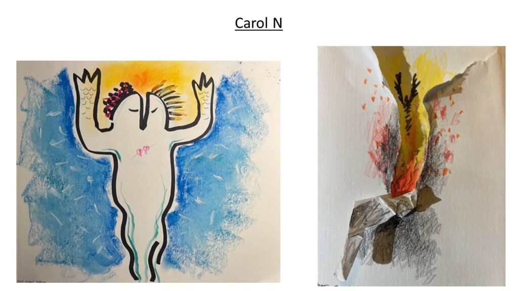 Carol Nicklaus artistic voice using mixed media, magic markers and paint--revealing an interest in uniting opposites, and and harmony. e